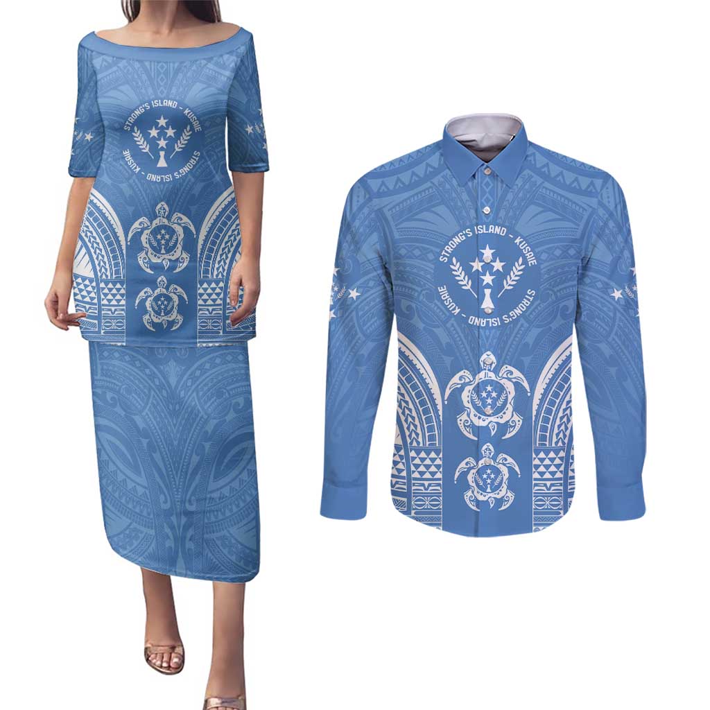 FSM Kosrae States Couples Matching Puletasi and Long Sleeve Button Shirt Micronesia Six 9 One Polynesian Tribal Pattern