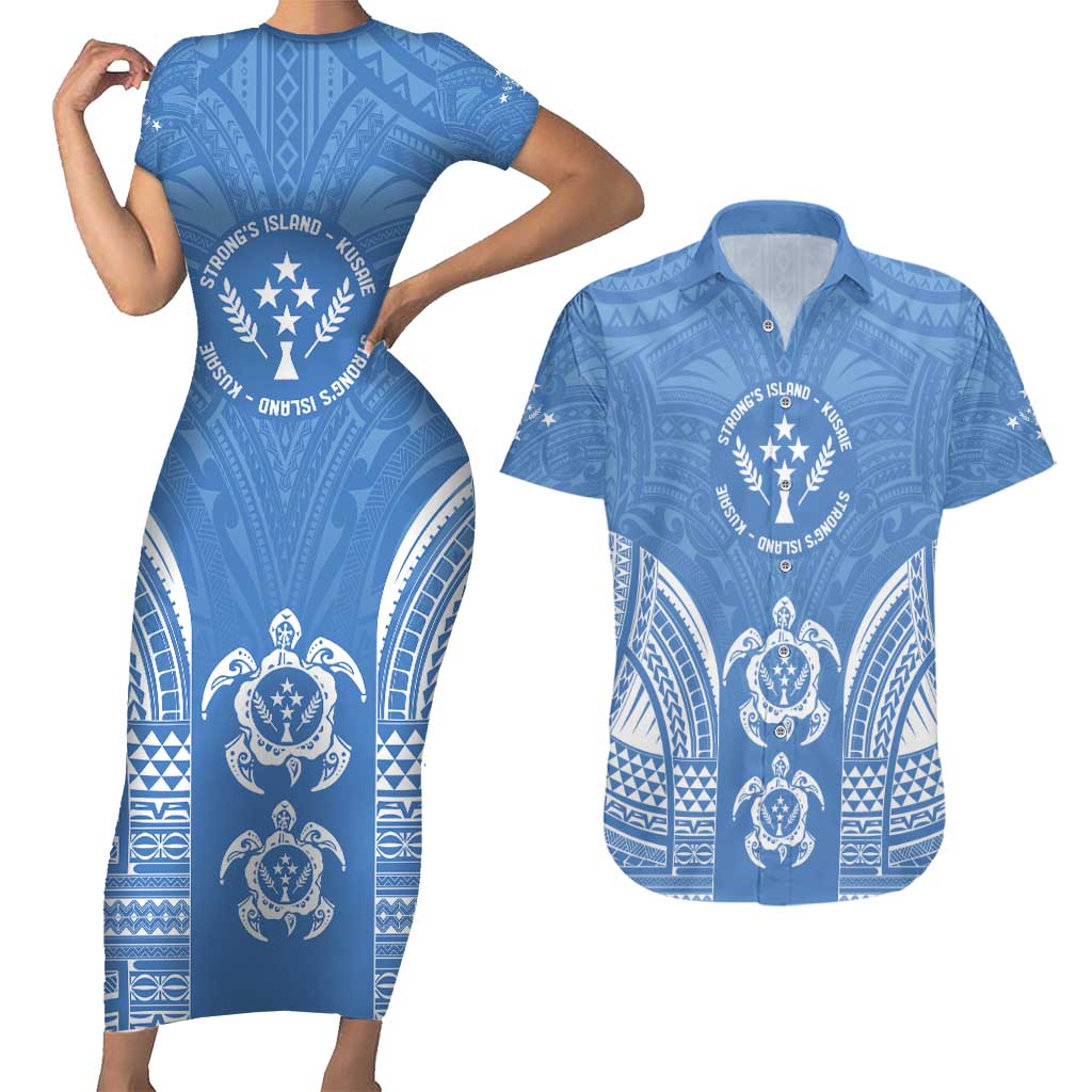 FSM Kosrae States Couples Matching Short Sleeve Bodycon Dress and Hawaiian Shirt Micronesia Six 9 One Polynesian Tribal Pattern LT9 Blue - Polynesian Pride
