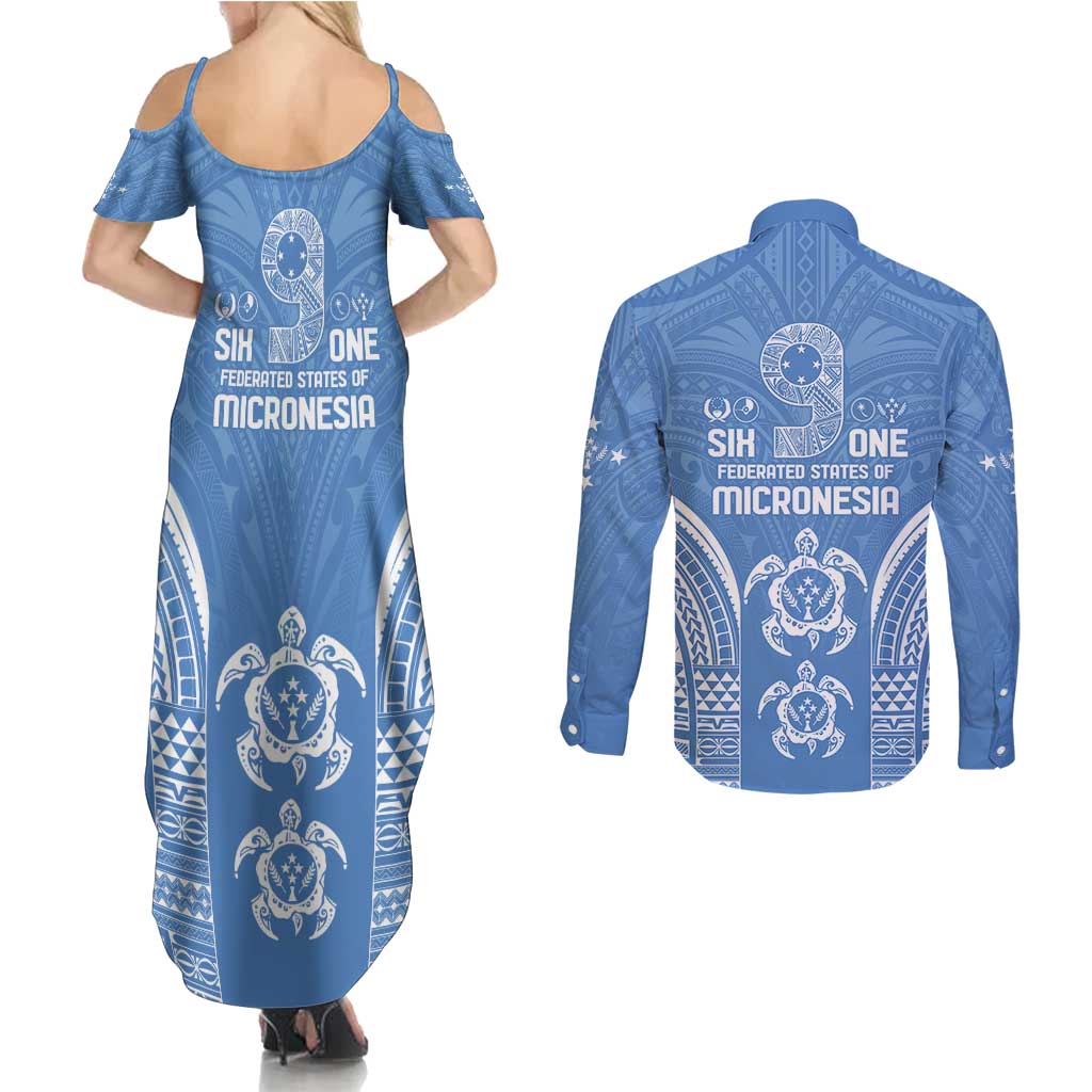 FSM Kosrae States Couples Matching Summer Maxi Dress and Long Sleeve Button Shirt Micronesia Six 9 One Polynesian Tribal Pattern