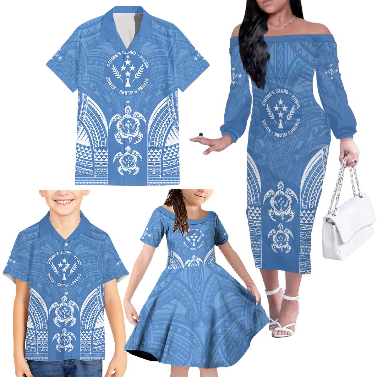 FSM Kosrae States Family Matching Off The Shoulder Long Sleeve Dress and Hawaiian Shirt Micronesia Six 9 One Polynesian Tribal Pattern LT9 - Polynesian Pride