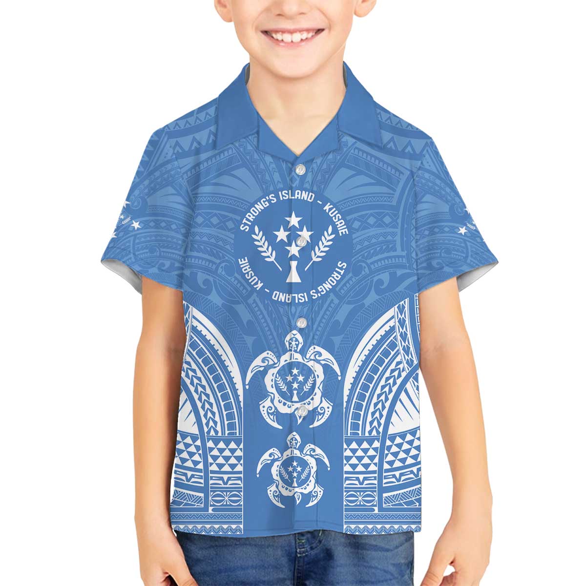 FSM Kosrae States Family Matching Off The Shoulder Long Sleeve Dress and Hawaiian Shirt Micronesia Six 9 One Polynesian Tribal Pattern LT9 Son's Shirt Blue - Polynesian Pride