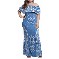 FSM Kosrae States Family Matching Off Shoulder Maxi Dress and Hawaiian Shirt Micronesia Six 9 One Polynesian Tribal Pattern LT9 Mom's Dress Blue - Polynesian Pride
