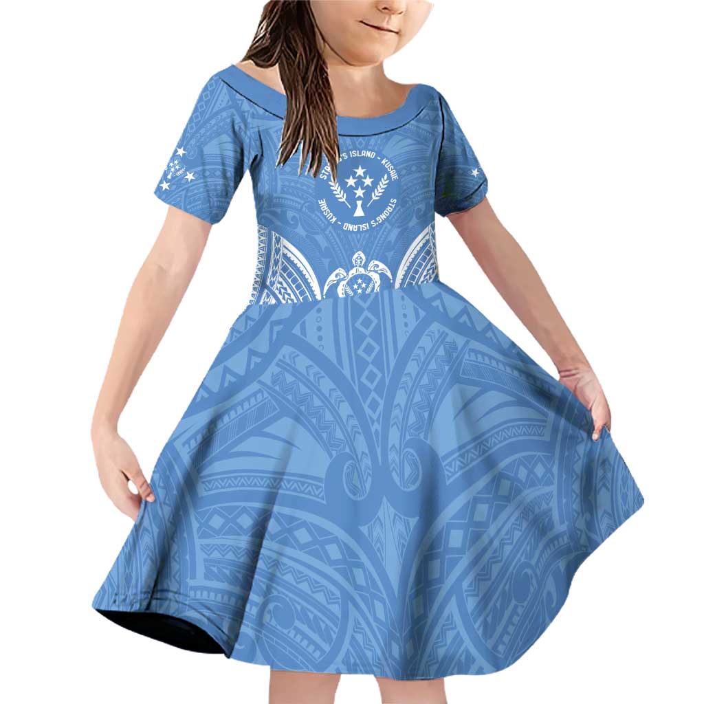 FSM Kosrae States Family Matching Off Shoulder Short Dress and Hawaiian Shirt Micronesia Six 9 One Polynesian Tribal Pattern LT9 Daughter's Dress Blue - Polynesian Pride