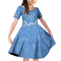 FSM Kosrae States Family Matching Off Shoulder Short Dress and Hawaiian Shirt Micronesia Six 9 One Polynesian Tribal Pattern LT9 Daughter's Dress Blue - Polynesian Pride