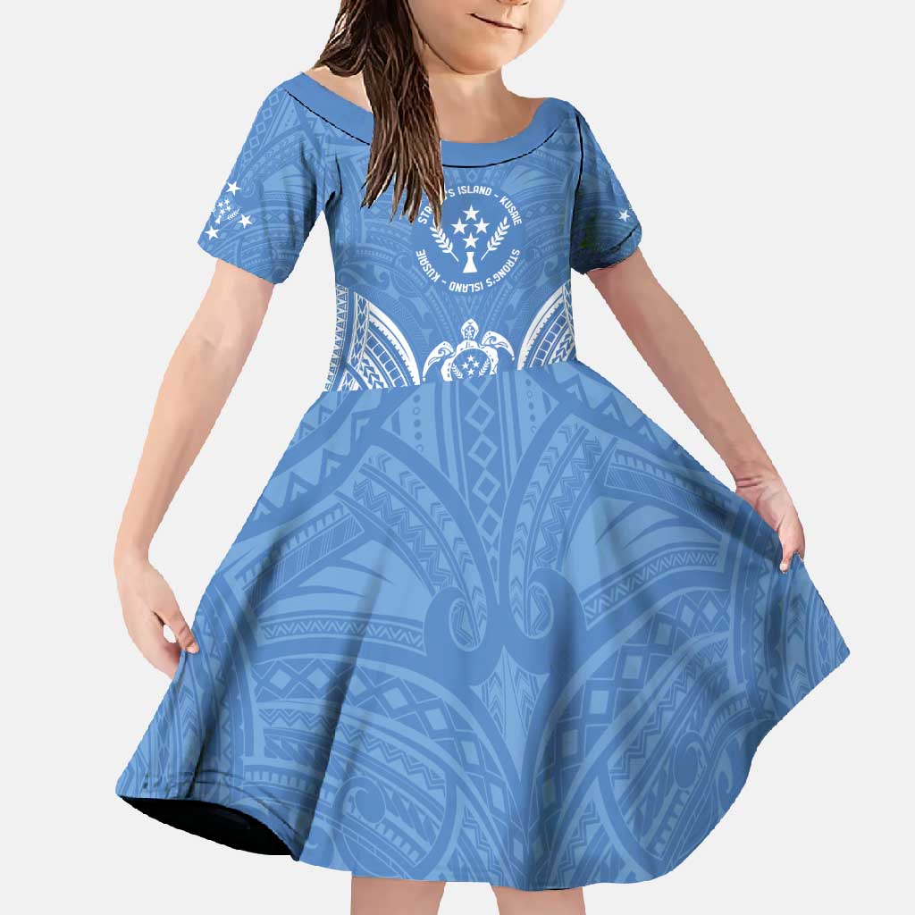 FSM Kosrae States Family Matching Short Sleeve Bodycon Dress and Hawaiian Shirt Micronesia Six 9 One Polynesian Tribal Pattern LT9 Daughter's Dress Blue - Polynesian Pride