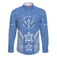 FSM Kosrae States Family Matching Short Sleeve Bodycon Dress and Hawaiian Shirt Micronesia Six 9 One Polynesian Tribal Pattern LT9 Dad's Shirt - Long Sleeve Blue - Polynesian Pride