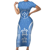 FSM Kosrae States Family Matching Short Sleeve Bodycon Dress and Hawaiian Shirt Micronesia Six 9 One Polynesian Tribal Pattern LT9 Mom's Dress Blue - Polynesian Pride