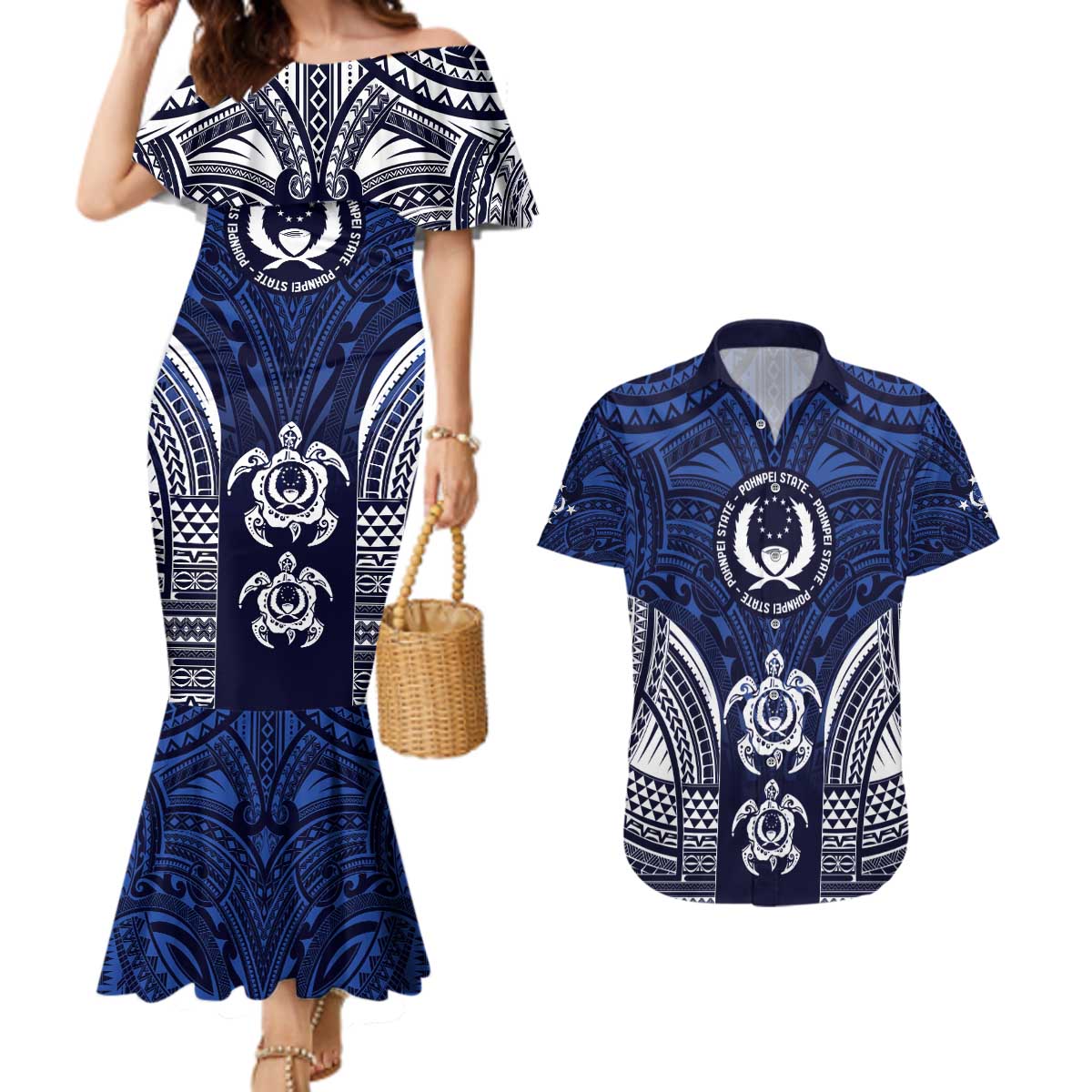 FSM Pohnpei States Couples Matching Mermaid Dress and Hawaiian Shirt Micronesia Six 9 One Polynesian Tribal Pattern