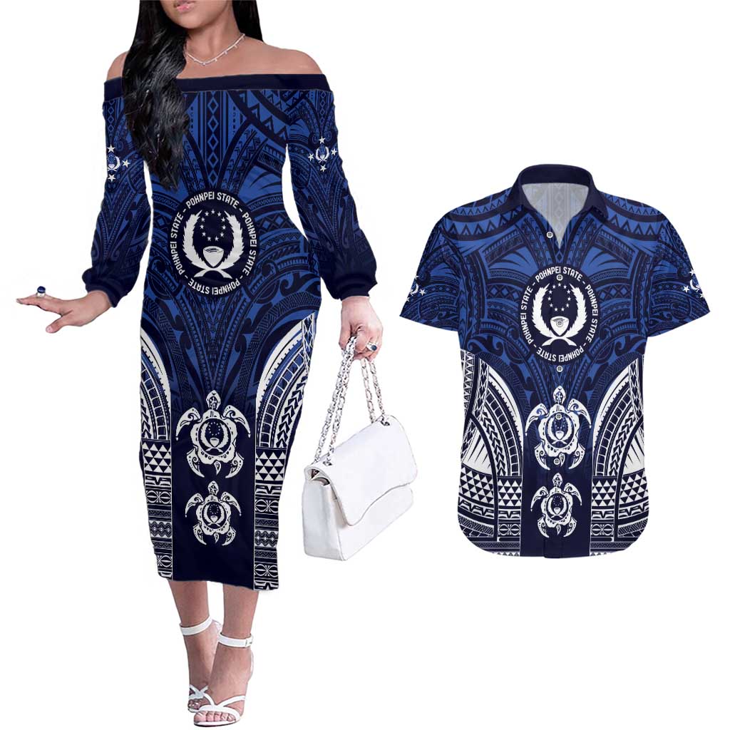 FSM Pohnpei States Couples Matching Off The Shoulder Long Sleeve Dress and Hawaiian Shirt Micronesia Six 9 One Polynesian Tribal Pattern LT9 Blue - Polynesian Pride