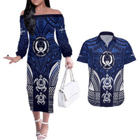 FSM Pohnpei States Couples Matching Off The Shoulder Long Sleeve Dress and Hawaiian Shirt Micronesia Six 9 One Polynesian Tribal Pattern LT9 Blue - Polynesian Pride