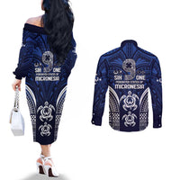 FSM Pohnpei States Couples Matching Off The Shoulder Long Sleeve Dress and Long Sleeve Button Shirt Micronesia Six 9 One Polynesian Tribal Pattern