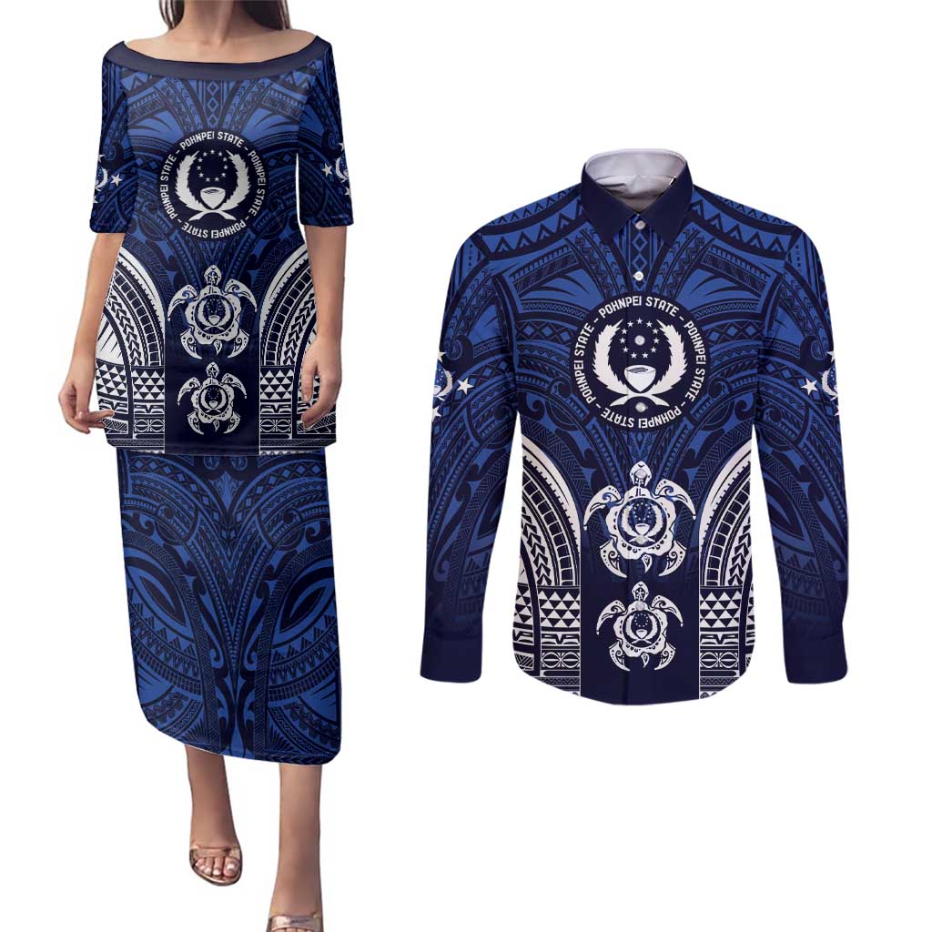 FSM Pohnpei States Couples Matching Puletasi and Long Sleeve Button Shirt Micronesia Six 9 One Polynesian Tribal Pattern