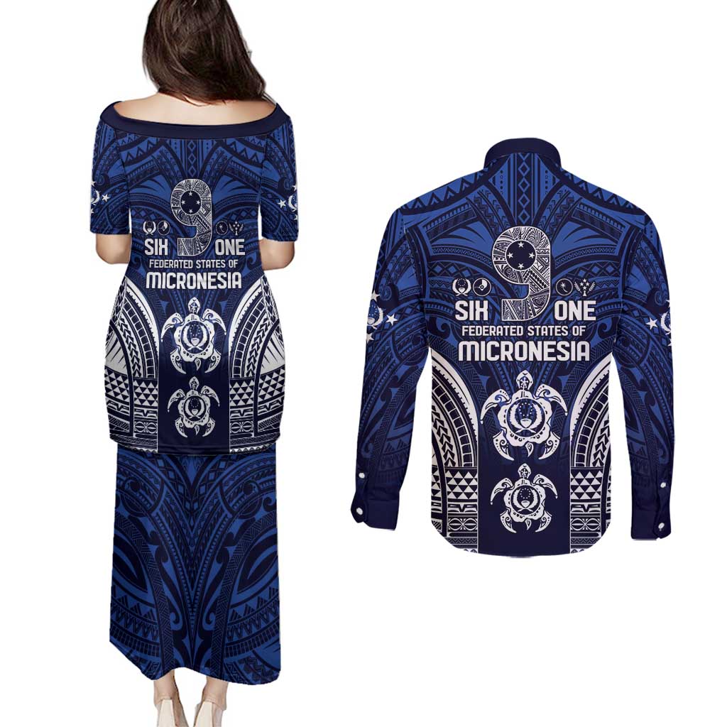 FSM Pohnpei States Couples Matching Puletasi and Long Sleeve Button Shirt Micronesia Six 9 One Polynesian Tribal Pattern