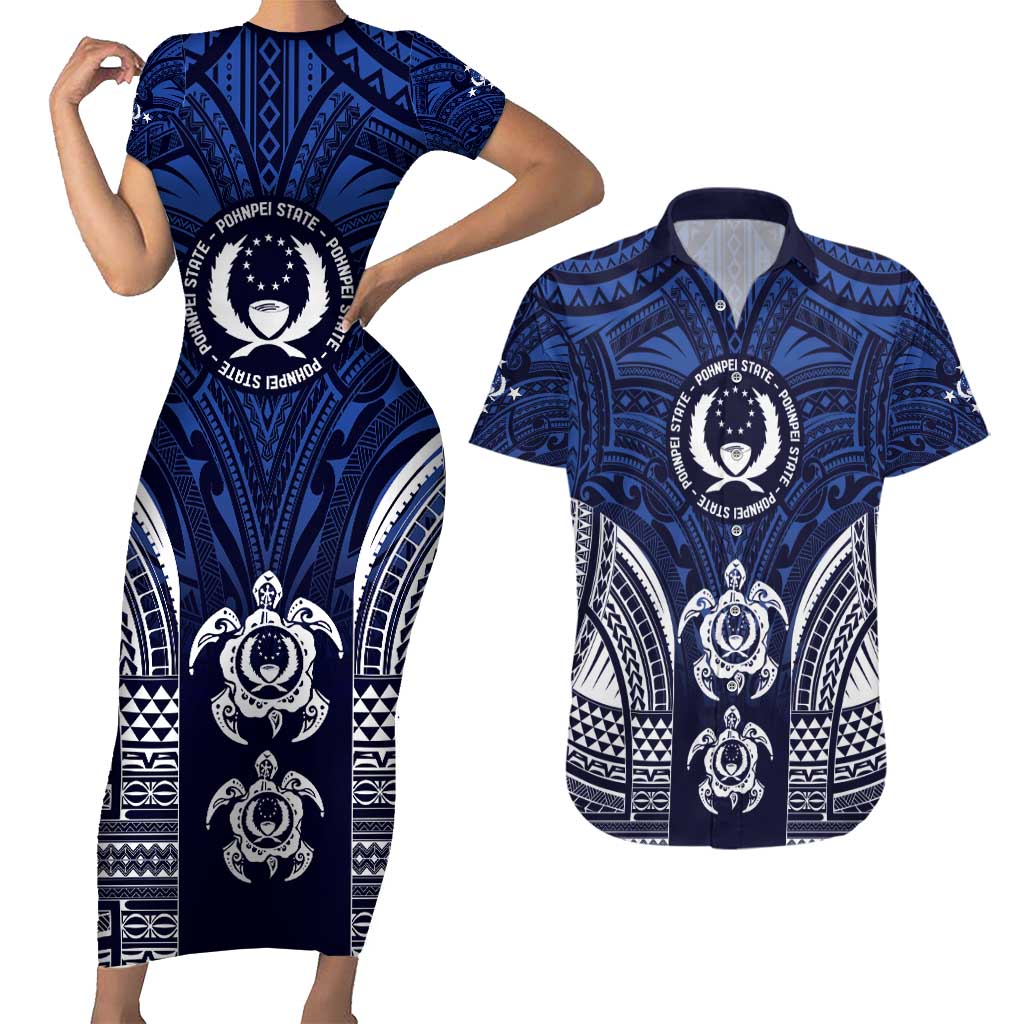FSM Pohnpei States Couples Matching Short Sleeve Bodycon Dress and Hawaiian Shirt Micronesia Six 9 One Polynesian Tribal Pattern