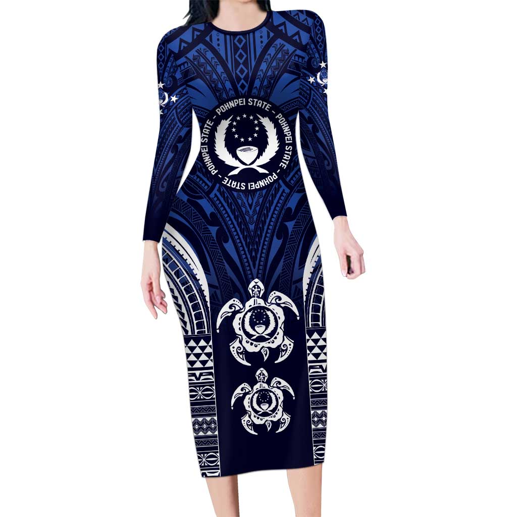 FSM Pohnpei States Family Matching Long Sleeve Bodycon Dress and Hawaiian Shirt Micronesia Six 9 One Polynesian Tribal Pattern LT9 Mom's Dress Blue - Polynesian Pride