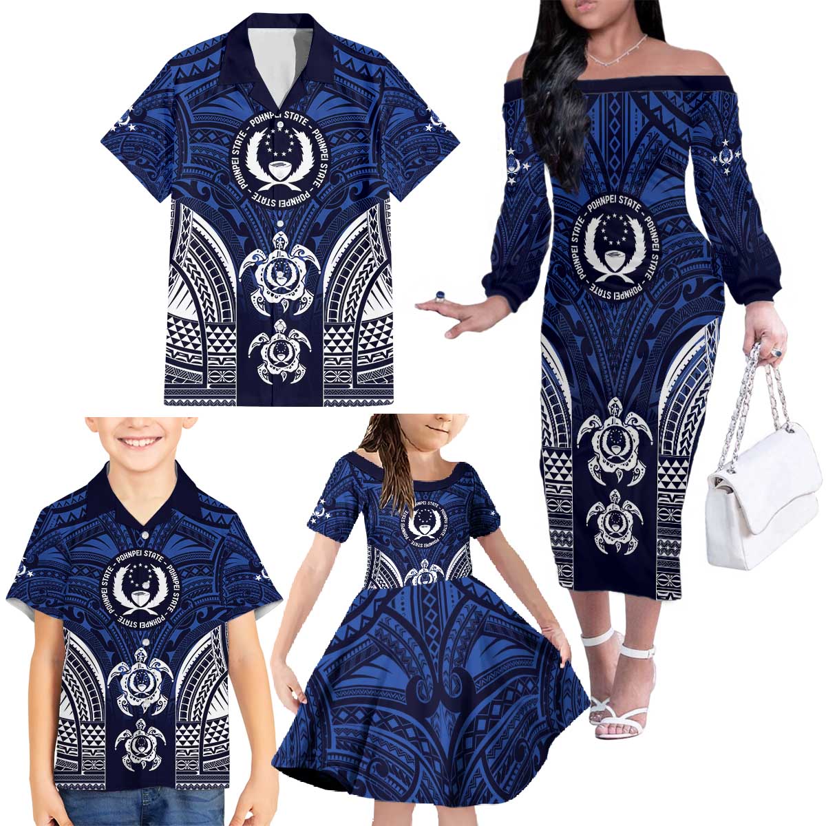 FSM Pohnpei States Family Matching Off The Shoulder Long Sleeve Dress and Hawaiian Shirt Micronesia Six 9 One Polynesian Tribal Pattern LT9 - Polynesian Pride