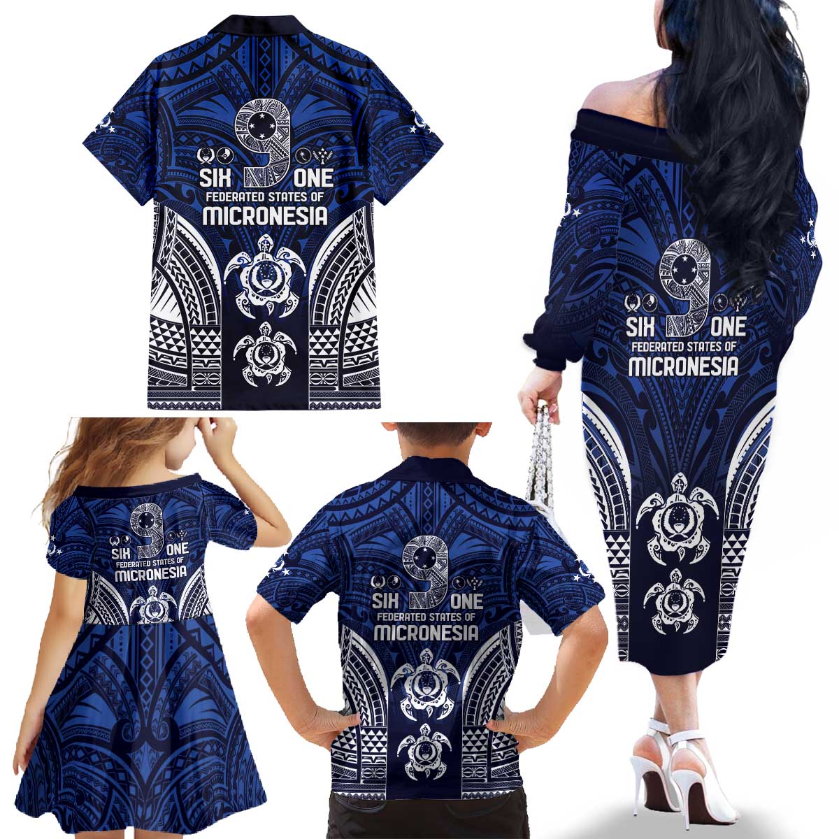 FSM Pohnpei States Family Matching Off The Shoulder Long Sleeve Dress and Hawaiian Shirt Micronesia Six 9 One Polynesian Tribal Pattern LT9 - Polynesian Pride