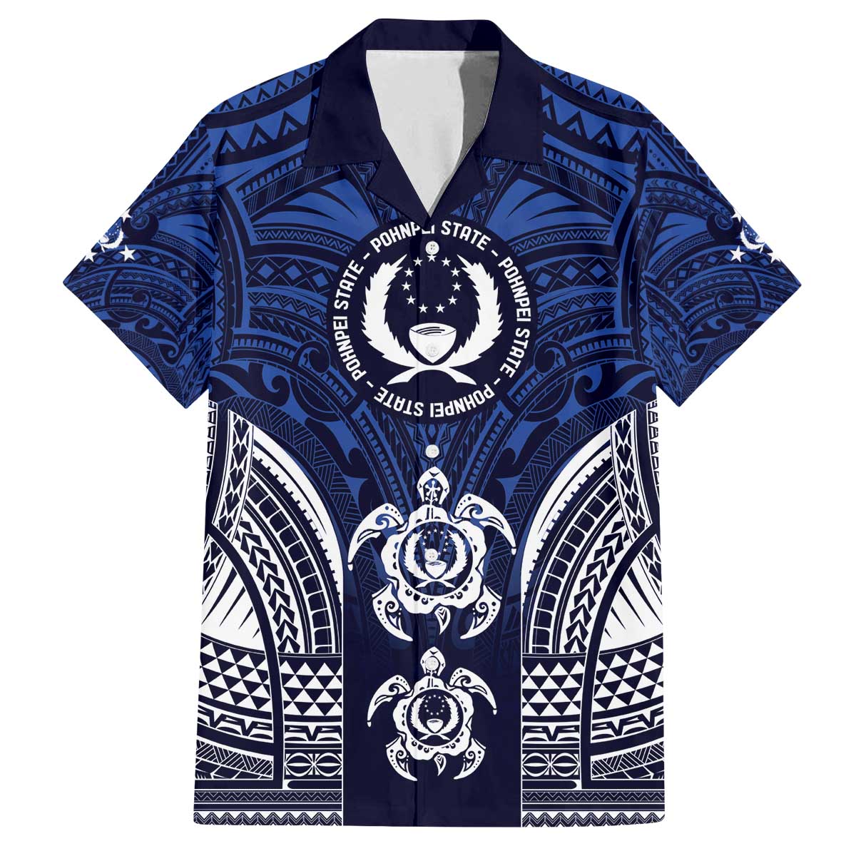 FSM Pohnpei States Family Matching Off The Shoulder Long Sleeve Dress and Hawaiian Shirt Micronesia Six 9 One Polynesian Tribal Pattern LT9 Dad's Shirt - Short Sleeve Blue - Polynesian Pride
