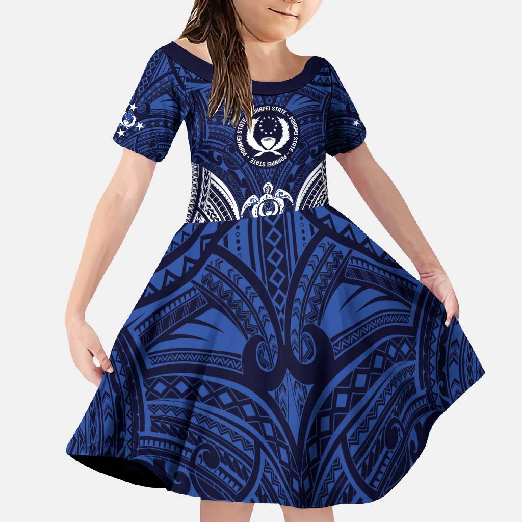 FSM Pohnpei States Family Matching Off Shoulder Maxi Dress and Hawaiian Shirt Micronesia Six 9 One Polynesian Tribal Pattern LT9 Daughter's Dress Blue - Polynesian Pride