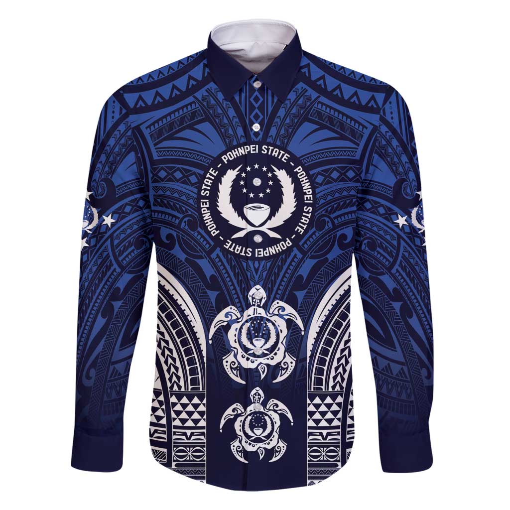 FSM Pohnpei States Family Matching Off Shoulder Maxi Dress and Hawaiian Shirt Micronesia Six 9 One Polynesian Tribal Pattern LT9 Dad's Shirt - Long Sleeve Blue - Polynesian Pride