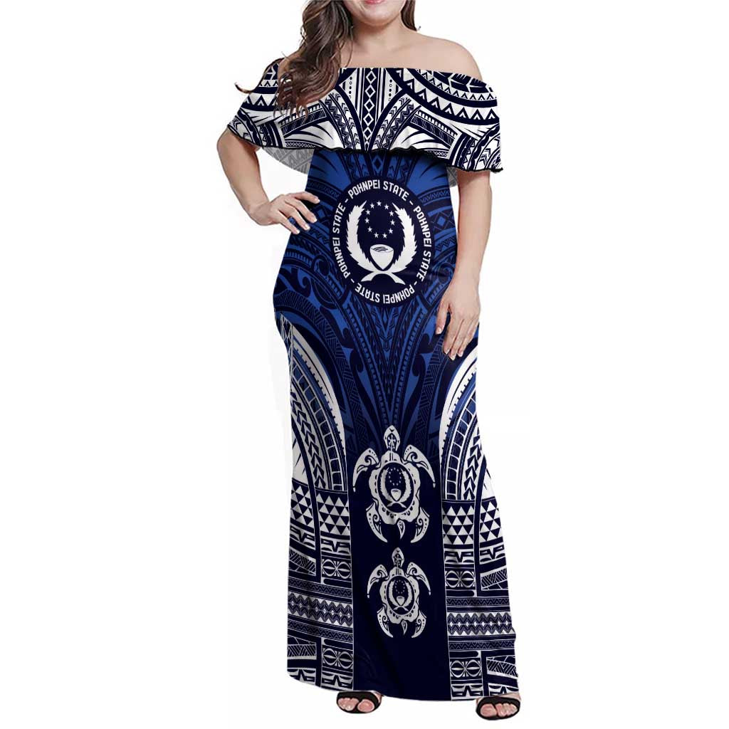 FSM Pohnpei States Family Matching Off Shoulder Maxi Dress and Hawaiian Shirt Micronesia Six 9 One Polynesian Tribal Pattern LT9 Mom's Dress Blue - Polynesian Pride