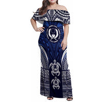 FSM Pohnpei States Family Matching Off Shoulder Maxi Dress and Hawaiian Shirt Micronesia Six 9 One Polynesian Tribal Pattern LT9 Mom's Dress Blue - Polynesian Pride