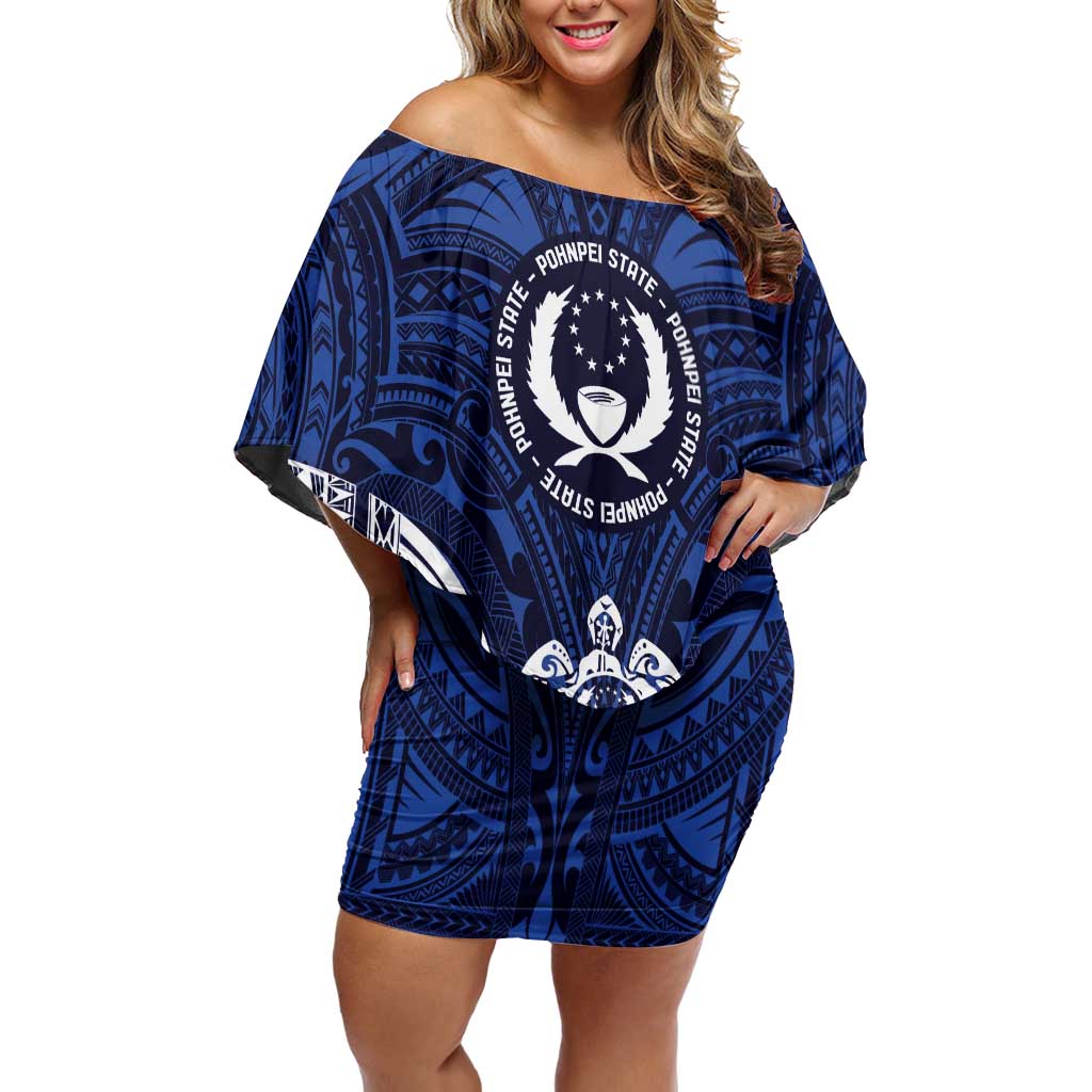 FSM Pohnpei States Family Matching Off Shoulder Short Dress and Hawaiian Shirt Micronesia Six 9 One Polynesian Tribal Pattern LT9 Mom's Dress Blue - Polynesian Pride