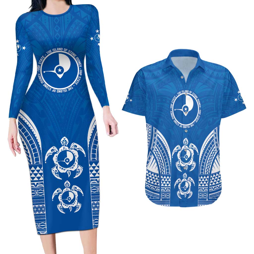 FSM Yap States Couples Matching Long Sleeve Bodycon Dress and Hawaiian Shirt Micronesia Six 9 One Polynesian Tribal Pattern LT9 Blue - Polynesian Pride