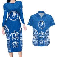 FSM Yap States Couples Matching Long Sleeve Bodycon Dress and Hawaiian Shirt Micronesia Six 9 One Polynesian Tribal Pattern LT9 Blue - Polynesian Pride