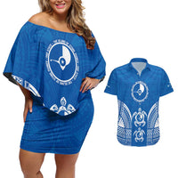 FSM Yap States Couples Matching Off Shoulder Short Dress and Hawaiian Shirt Micronesia Six 9 One Polynesian Tribal Pattern