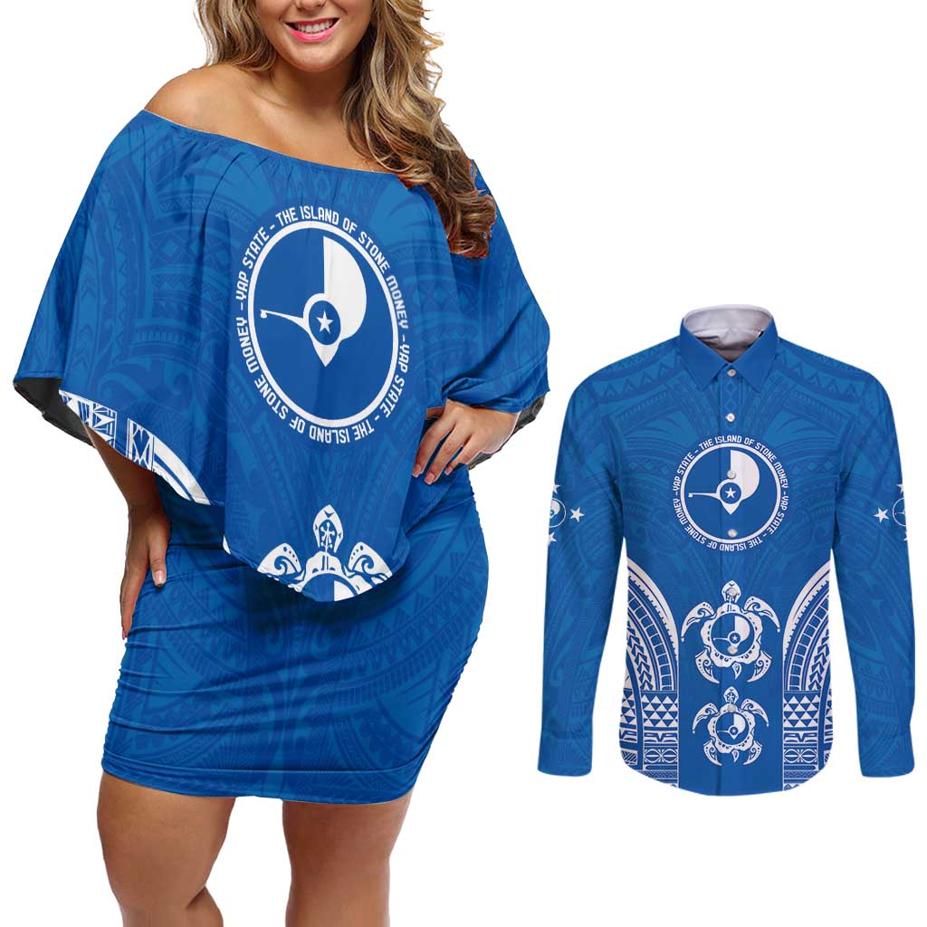 FSM Yap States Couples Matching Off Shoulder Short Dress and Long Sleeve Button Shirt Micronesia Six 9 One Polynesian Tribal Pattern