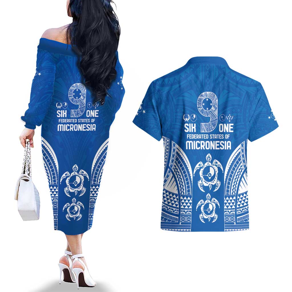 FSM Yap States Couples Matching Off The Shoulder Long Sleeve Dress and Hawaiian Shirt Micronesia Six 9 One Polynesian Tribal Pattern LT9 - Polynesian Pride