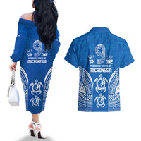 FSM Yap States Couples Matching Off The Shoulder Long Sleeve Dress and Hawaiian Shirt Micronesia Six 9 One Polynesian Tribal Pattern LT9 - Polynesian Pride