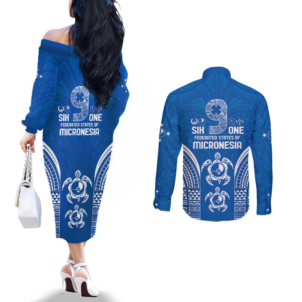 FSM Yap States Couples Matching Off The Shoulder Long Sleeve Dress and Long Sleeve Button Shirt Micronesia Six 9 One Polynesian Tribal Pattern