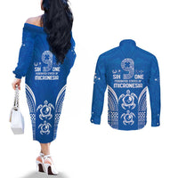 FSM Yap States Couples Matching Off The Shoulder Long Sleeve Dress and Long Sleeve Button Shirt Micronesia Six 9 One Polynesian Tribal Pattern