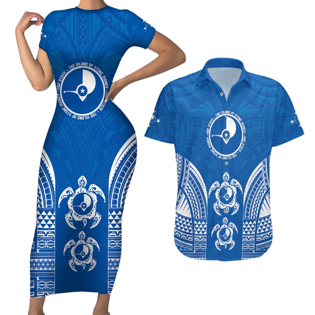 FSM Yap States Couples Matching Short Sleeve Bodycon Dress and Hawaiian Shirt Micronesia Six 9 One Polynesian Tribal Pattern LT9 Blue - Polynesian Pride