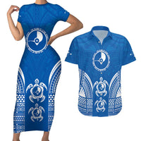 FSM Yap States Couples Matching Short Sleeve Bodycon Dress and Hawaiian Shirt Micronesia Six 9 One Polynesian Tribal Pattern LT9 Blue - Polynesian Pride