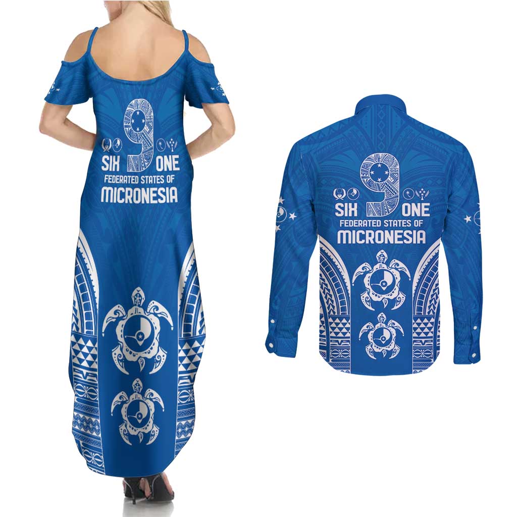FSM Yap States Couples Matching Summer Maxi Dress and Long Sleeve Button Shirt Micronesia Six 9 One Polynesian Tribal Pattern