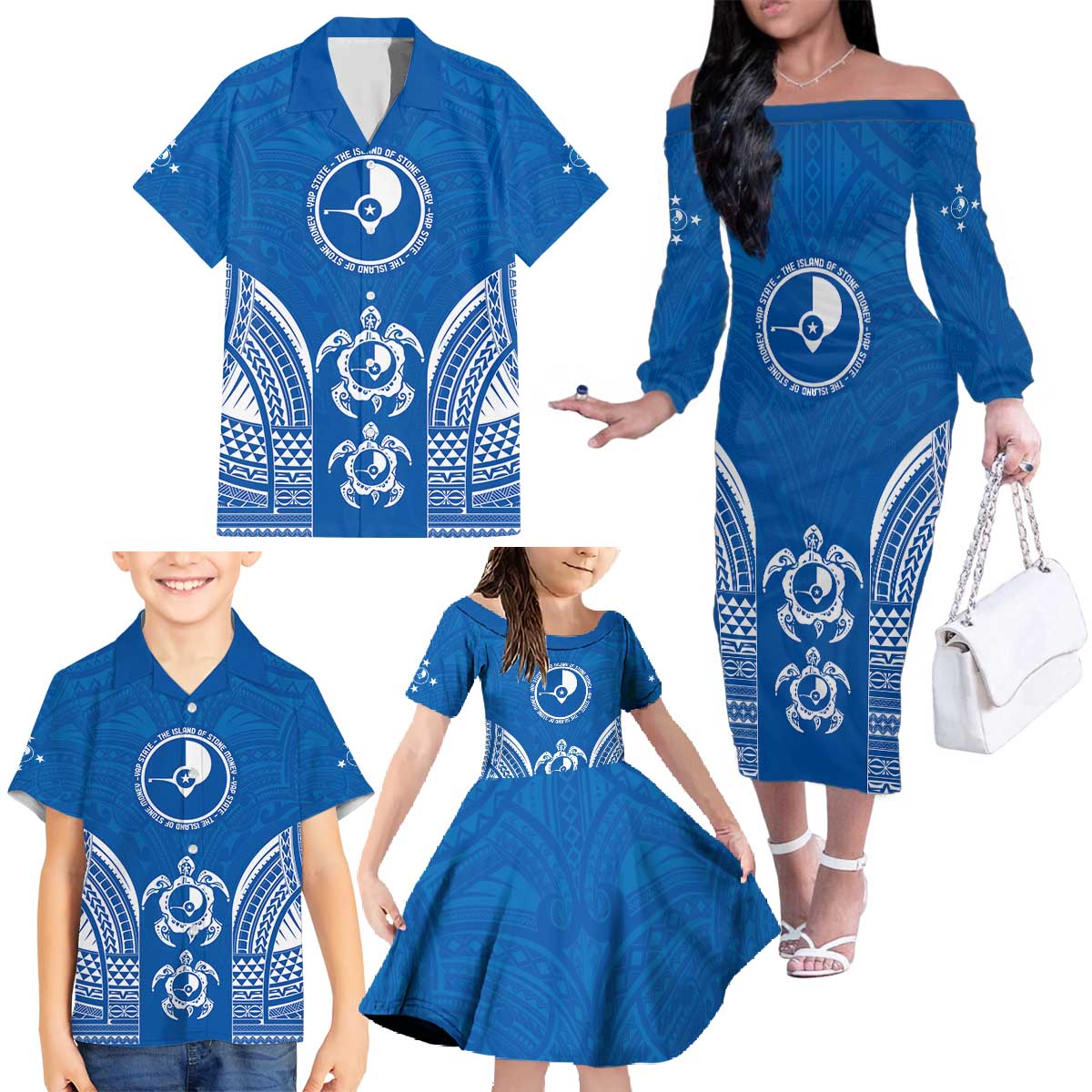 FSM Yap States Family Matching Off The Shoulder Long Sleeve Dress and Hawaiian Shirt Micronesia Six 9 One Polynesian Tribal Pattern LT9 - Polynesian Pride