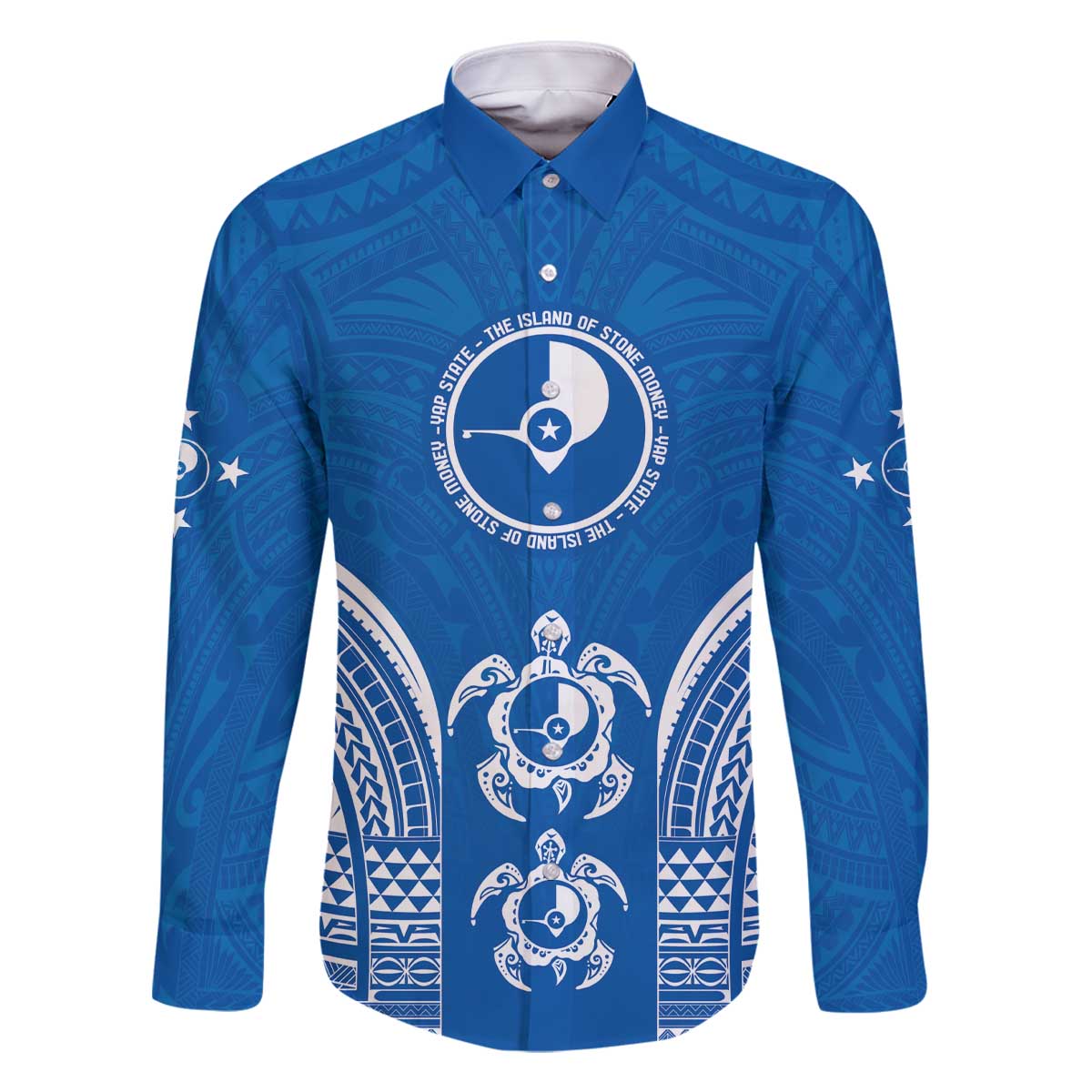 FSM Yap States Family Matching Off The Shoulder Long Sleeve Dress and Hawaiian Shirt Micronesia Six 9 One Polynesian Tribal Pattern LT9 Dad's Shirt - Long Sleeve Blue - Polynesian Pride