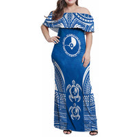 FSM Yap States Family Matching Off Shoulder Maxi Dress and Hawaiian Shirt Micronesia Six 9 One Polynesian Tribal Pattern LT9 Mom's Dress Blue - Polynesian Pride
