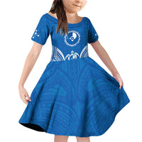 FSM Yap States Family Matching Off Shoulder Short Dress and Hawaiian Shirt Micronesia Six 9 One Polynesian Tribal Pattern LT9 Daughter's Dress Blue - Polynesian Pride