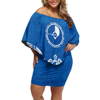 FSM Yap States Family Matching Off Shoulder Short Dress and Hawaiian Shirt Micronesia Six 9 One Polynesian Tribal Pattern LT9 Mom's Dress Blue - Polynesian Pride