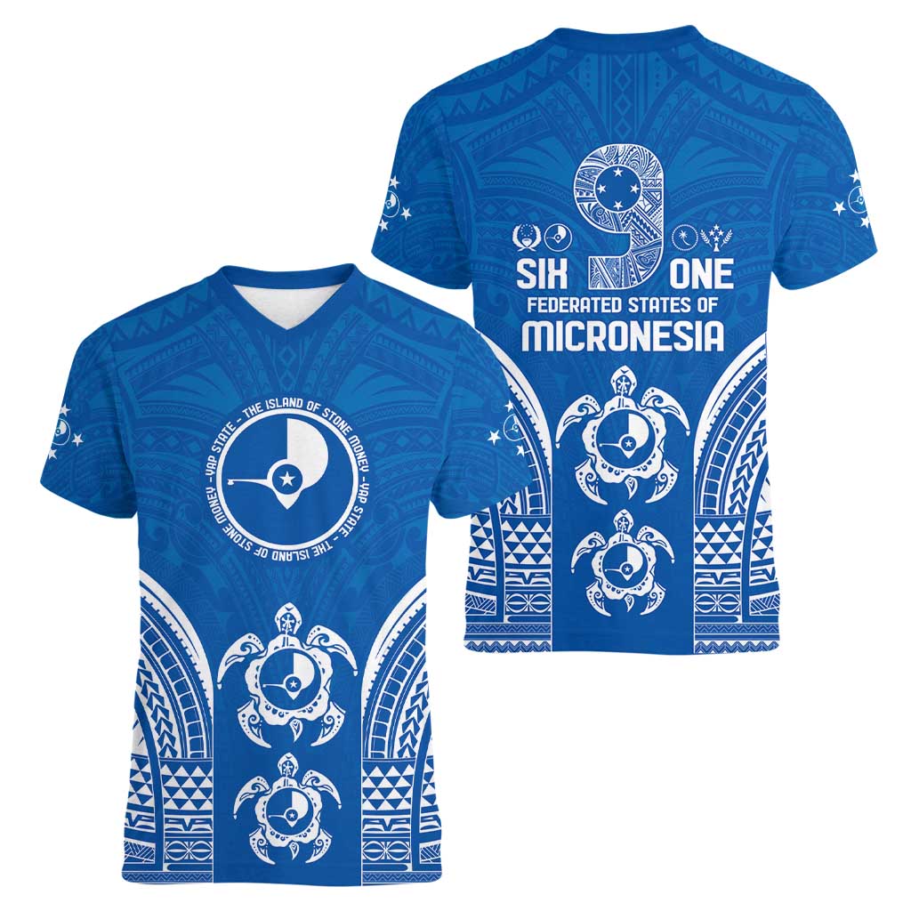 FSM Yap States Women V-Neck T-Shirt Micronesia Six 9 One Polynesian Tribal Pattern