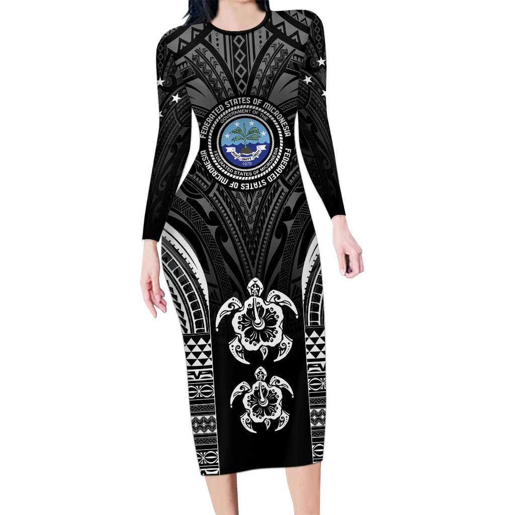 FSM Micronesia Six 9 One Family Matching Long Sleeve Bodycon Dress and Hawaiian Shirt Polynesian Tribal Pattern LT9 Mom's Dress Black - Polynesian Pride