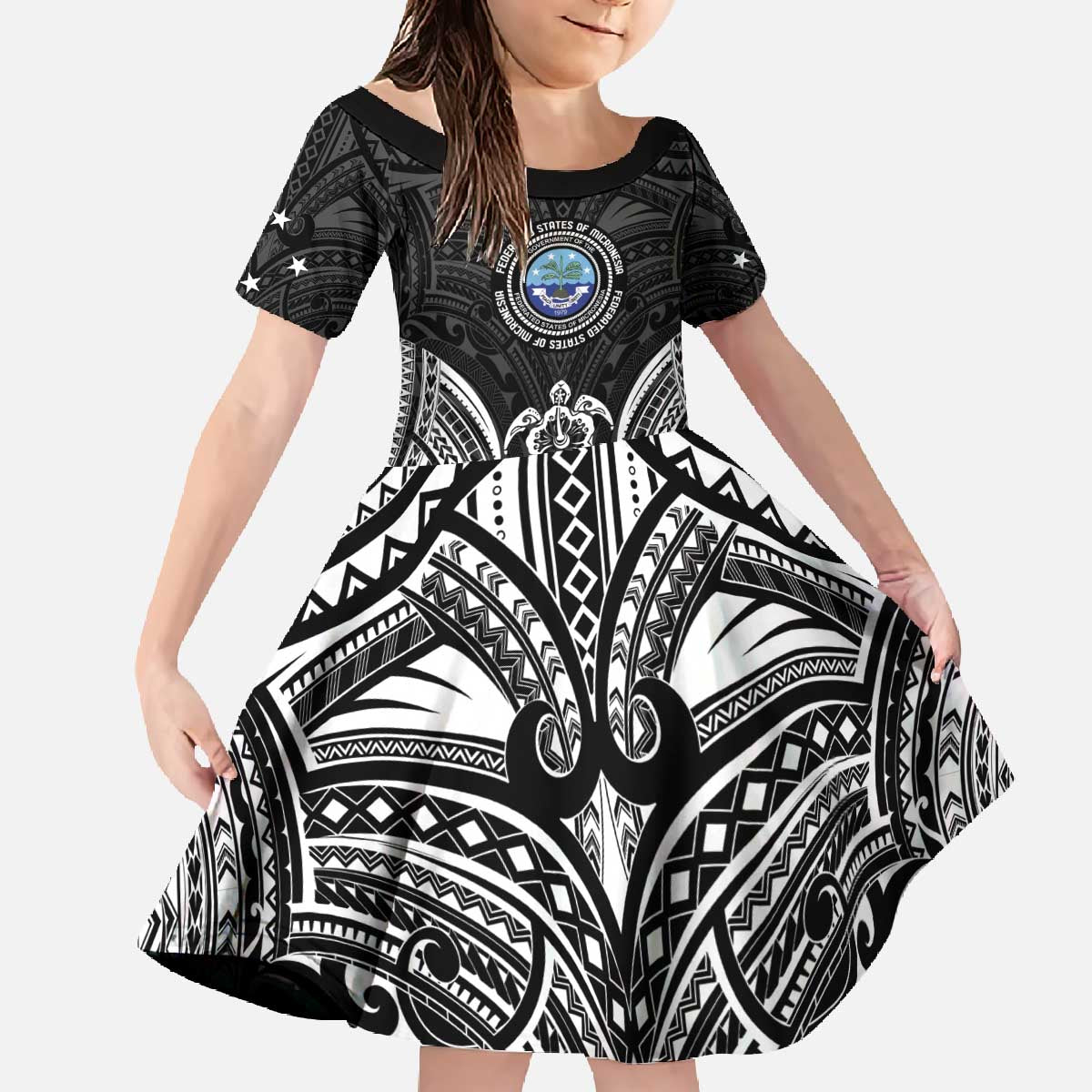 FSM Micronesia Six 9 One Family Matching Off The Shoulder Long Sleeve Dress and Hawaiian Shirt Polynesian Tribal Pattern LT9 Daughter's Dress Black - Polynesian Pride