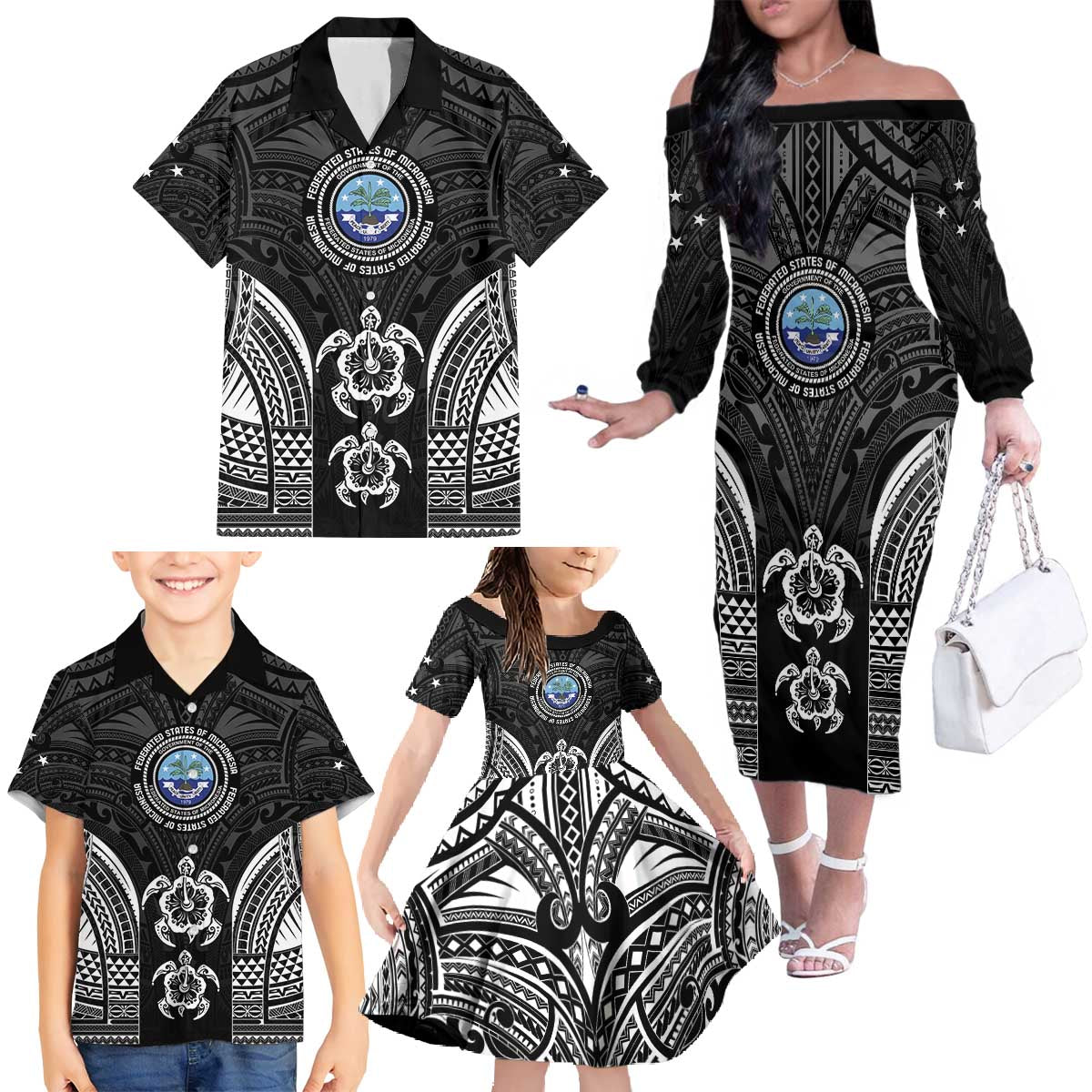 FSM Micronesia Six 9 One Family Matching Off The Shoulder Long Sleeve Dress and Hawaiian Shirt Polynesian Tribal Pattern LT9 - Polynesian Pride