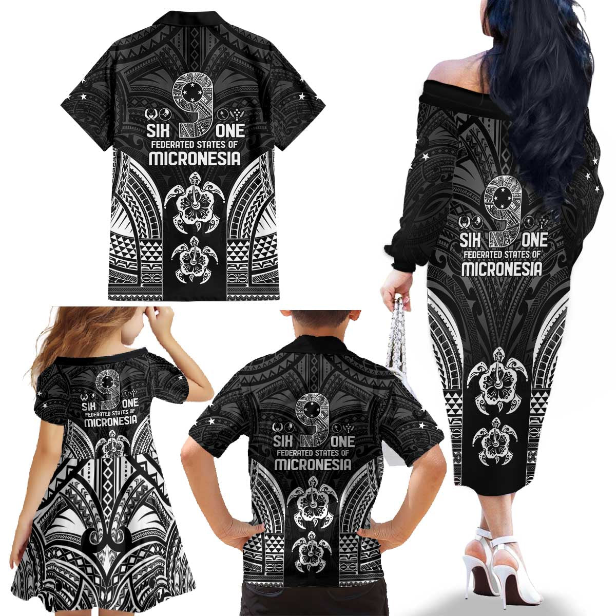FSM Micronesia Six 9 One Family Matching Off The Shoulder Long Sleeve Dress and Hawaiian Shirt Polynesian Tribal Pattern LT9 - Polynesian Pride