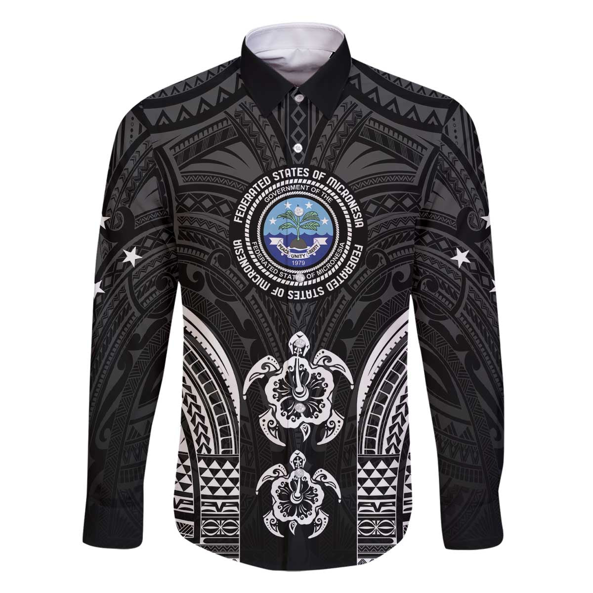 FSM Micronesia Six 9 One Family Matching Off The Shoulder Long Sleeve Dress and Hawaiian Shirt Polynesian Tribal Pattern LT9 Dad's Shirt - Long Sleeve Black - Polynesian Pride