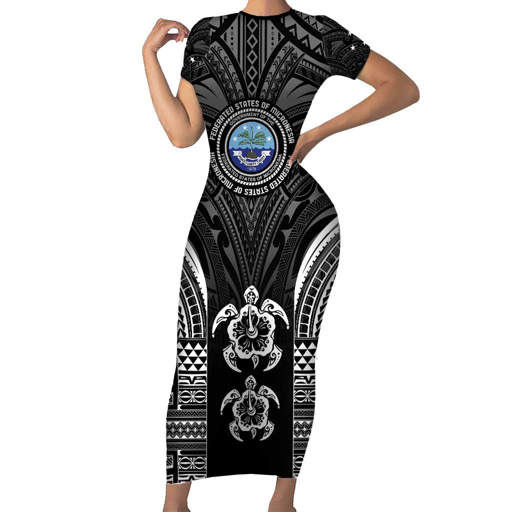 FSM Micronesia Six 9 One Family Matching Short Sleeve Bodycon Dress and Hawaiian Shirt Polynesian Tribal Pattern LT9 Mom's Dress Black - Polynesian Pride